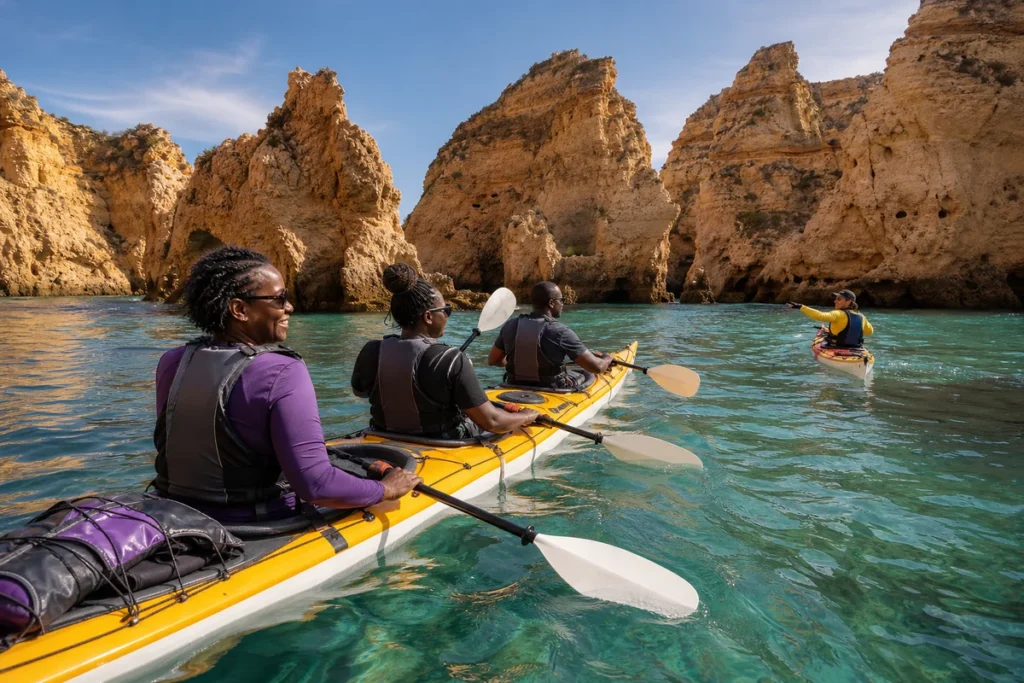 Travellers kayaking with a local guide at Ponta da Piedade, Portugal.