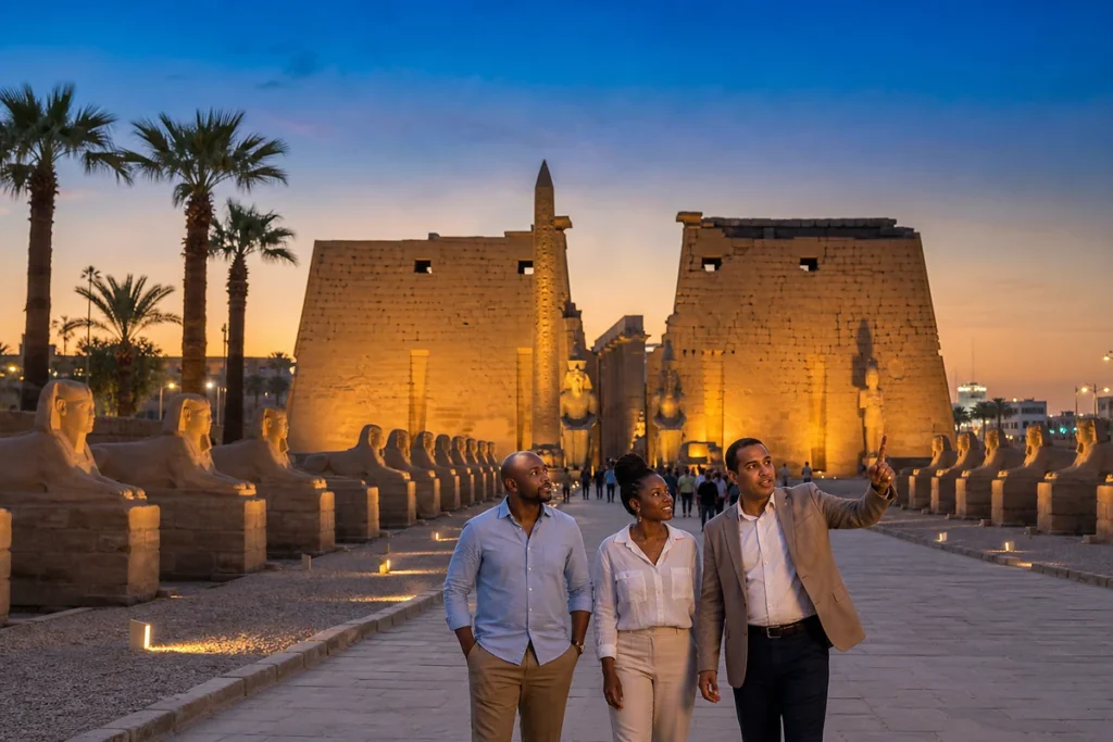 Travellers exploring the illuminated Avenue of Sphinxes and Luxor Temple with a local guide at dusk.