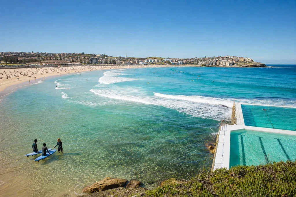 [Australia](C:\\Users\\IMA\\Documents\\Codex\\Holiday Factory-Travel Business\\Website\\Assets\\Destination page\\australia-bondi-beach-surf-lesson.webp)Panoramic Bondi Beach and Icebergs pool with a family taking a surfing lesson in the shallows.