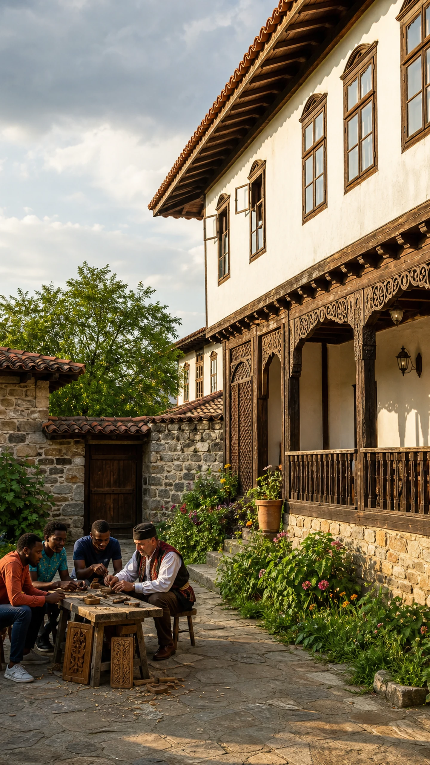 Travellers watching a woodcarver at work in an Arbanasi courtyard.
