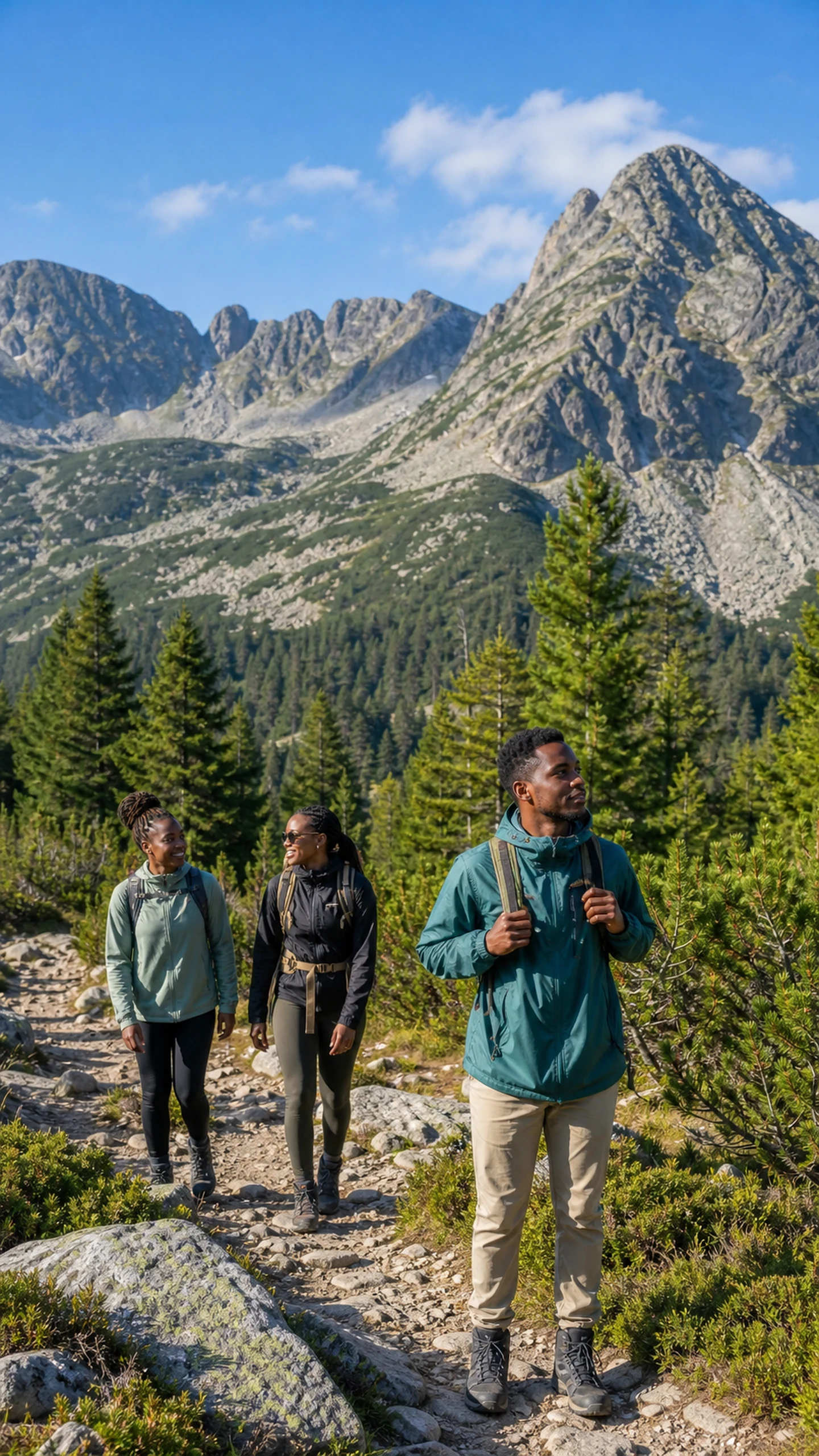 Three hikers on a trail beneath the peaks of the Pirin Mountains.
