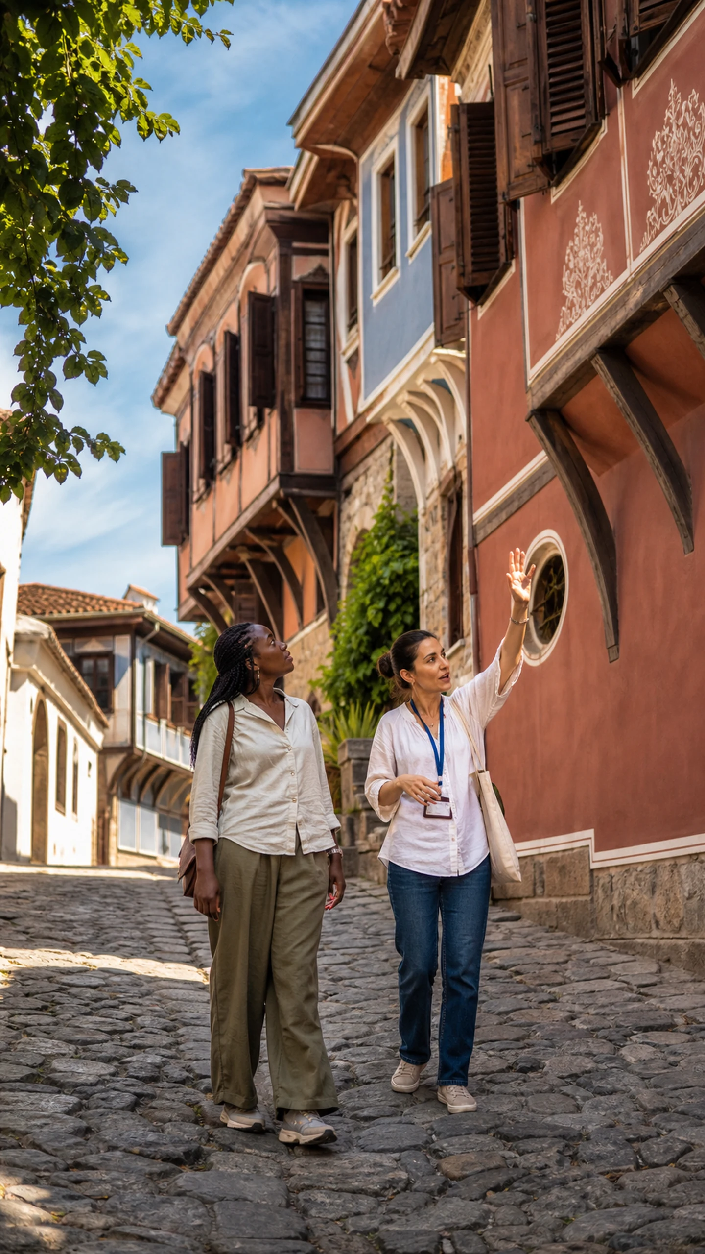 A visitor following a guide through the colourful historic streets of Plovdiv Old Town.