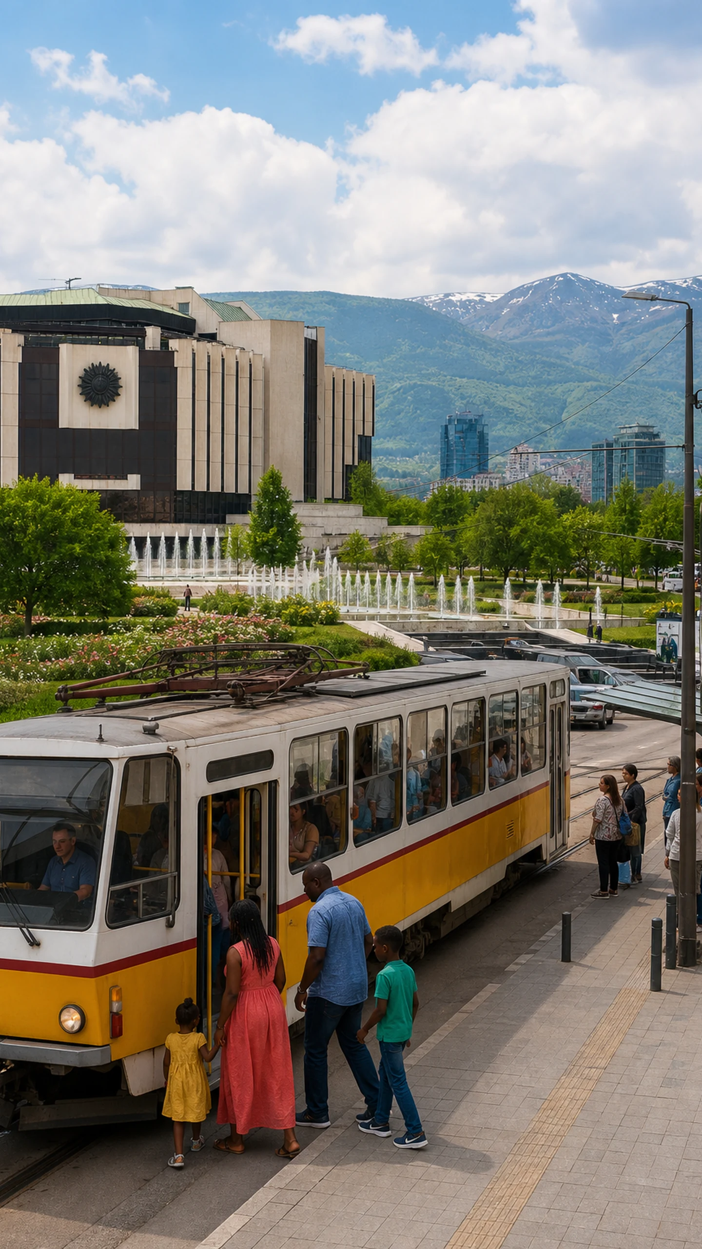 Family boarding a tram in Sofia with Vitosha Mountain in the distance.