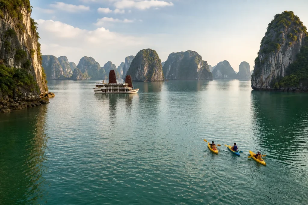 Kayakers and a traditional cruise boat among the limestone karsts of Ha Long Bay.