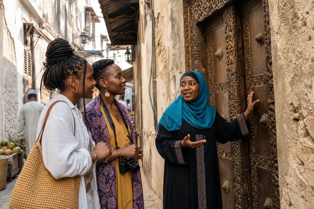 Travellers learning about a carved doorway from a Stone Town guide.