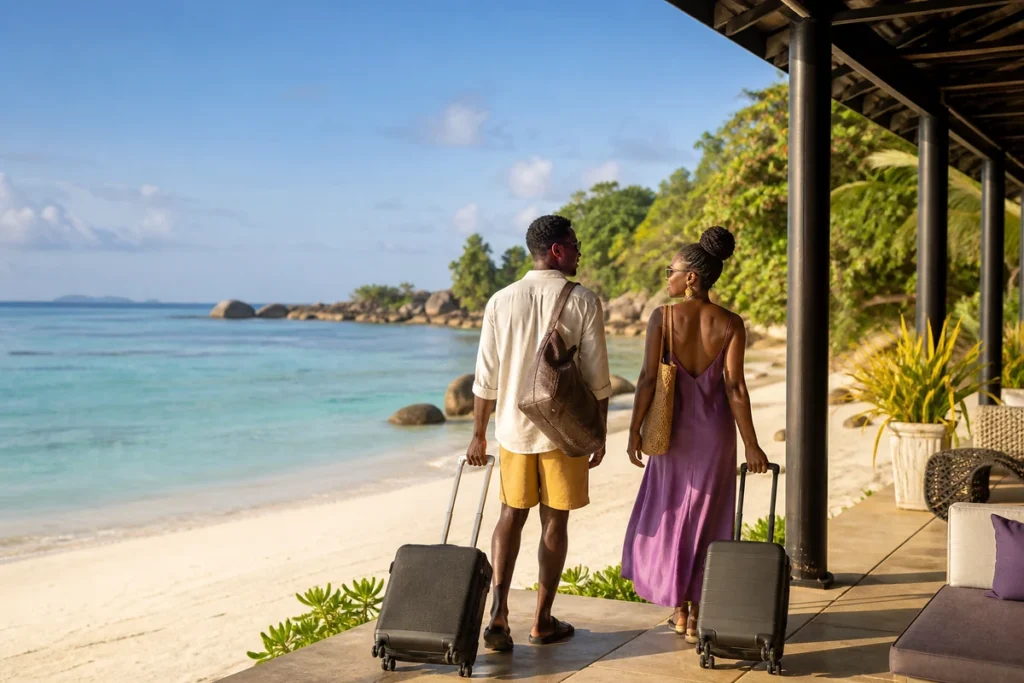 A couple arriving at a beachfront stay on Mahé, Seychelles.