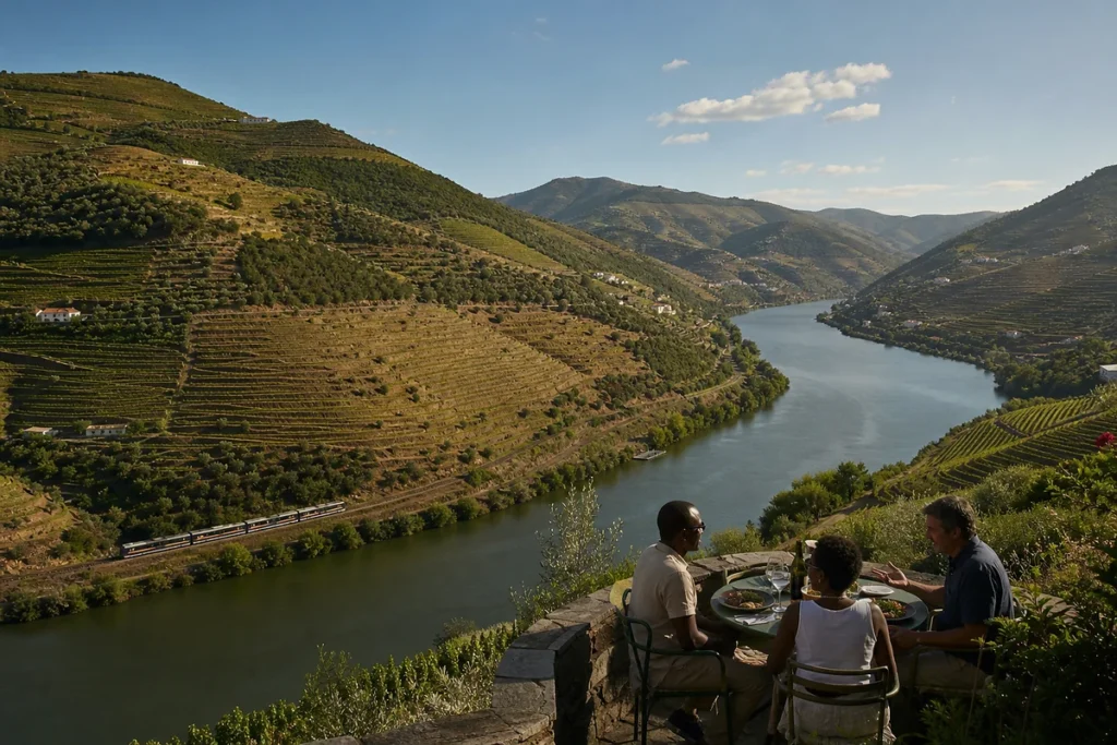 Terraced vineyards, railway and the winding Douro River near Pinhão, with travellers dining on a hillside terrace.