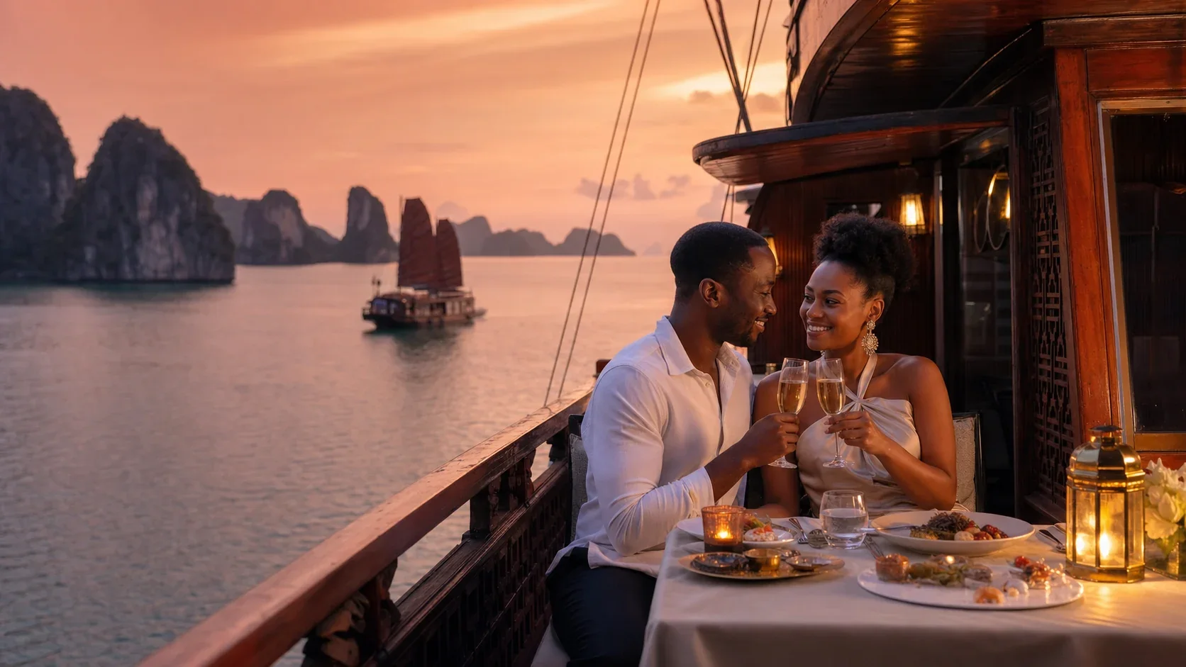 ouple enjoying a sunset dinner aboard a traditional cruise in Ha Long Bay