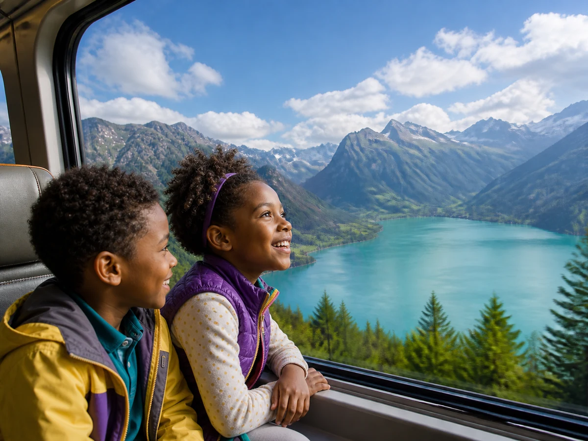 Two smiling children admire a turquoise mountain lake from a panoramic train window.