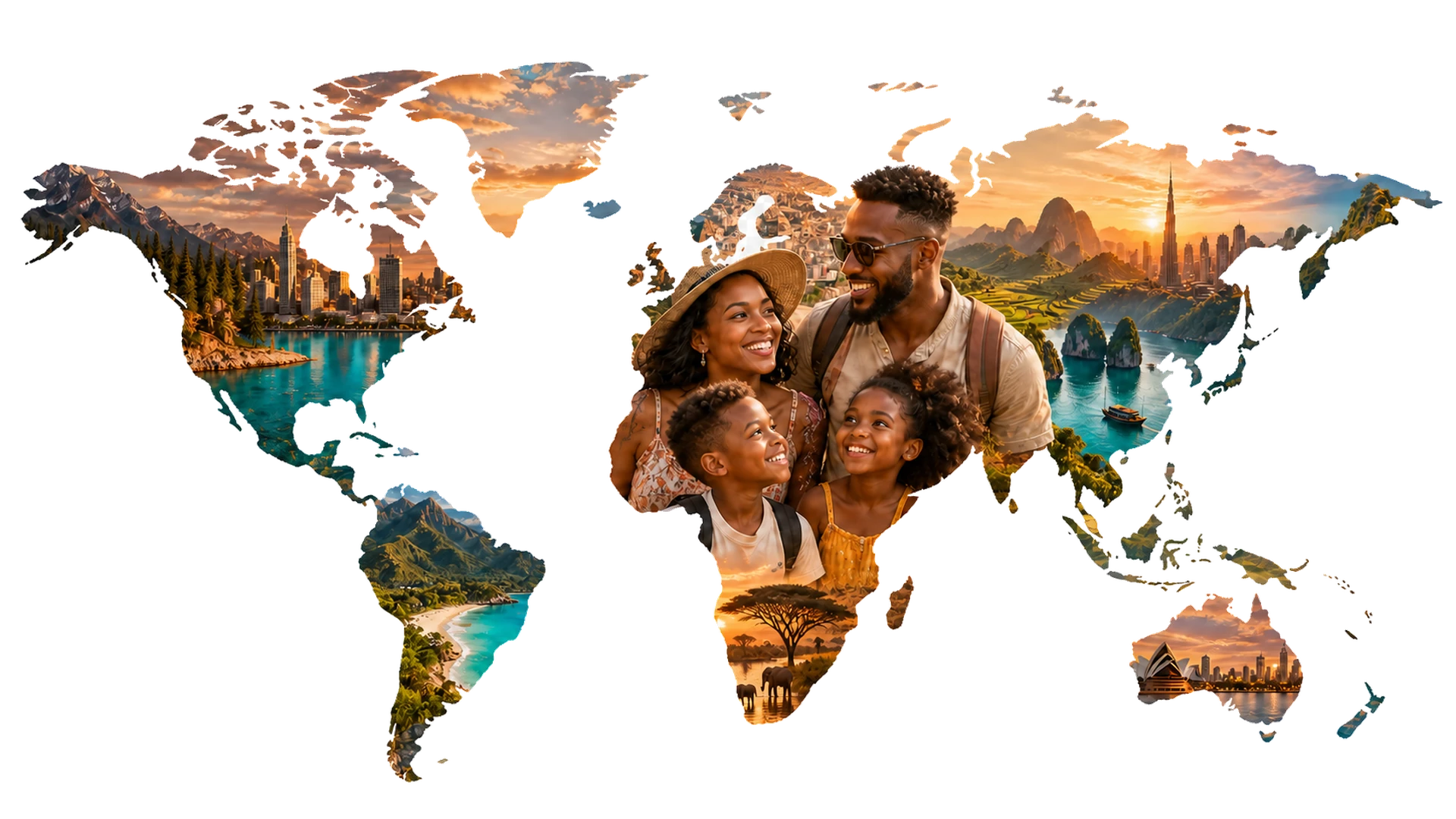 Smiling family filled with inspiring global travel destinations