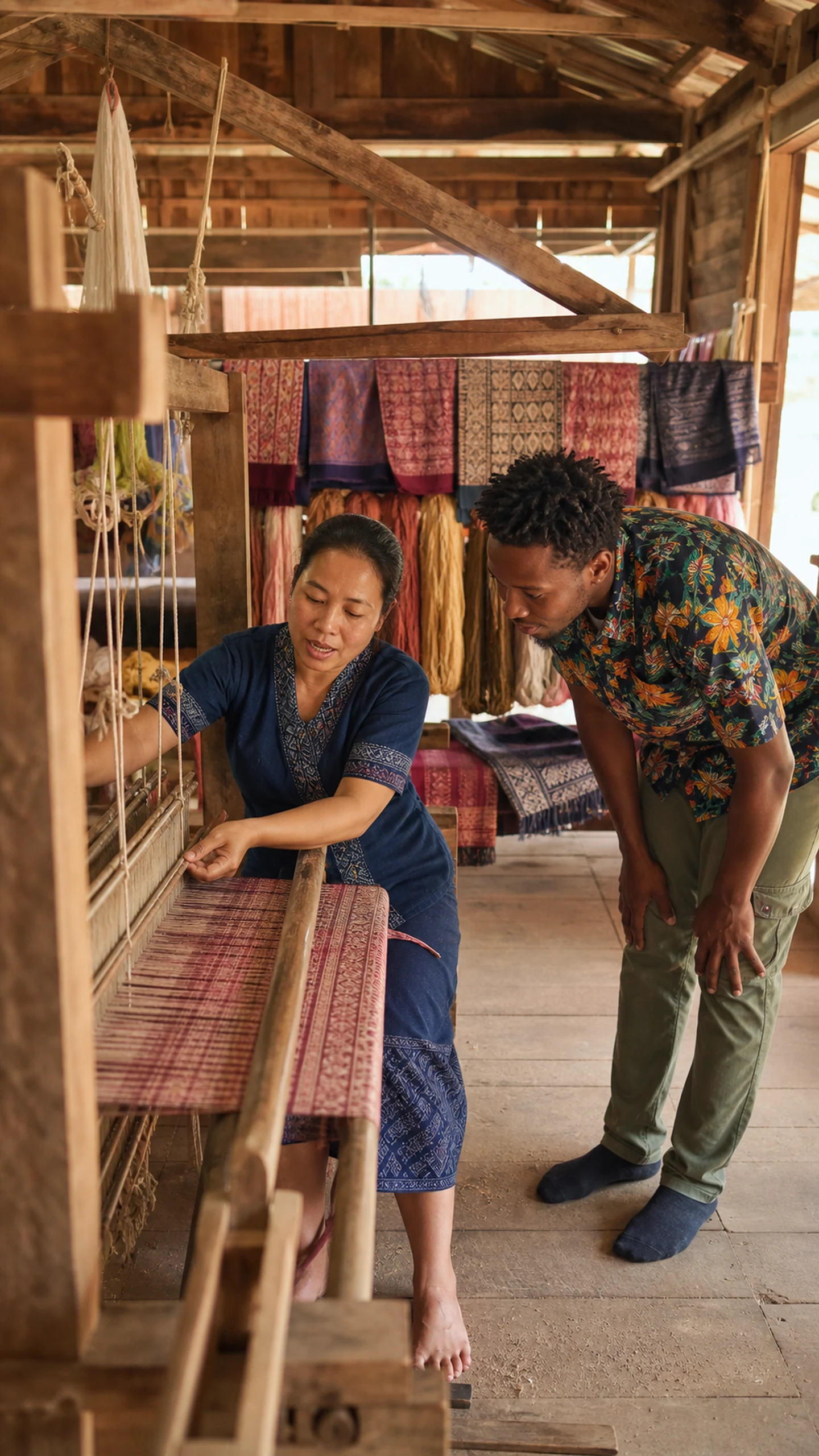 A local artisan demonstrates hand weaving to a traveller in a timber workshop in Ban Phanom village.