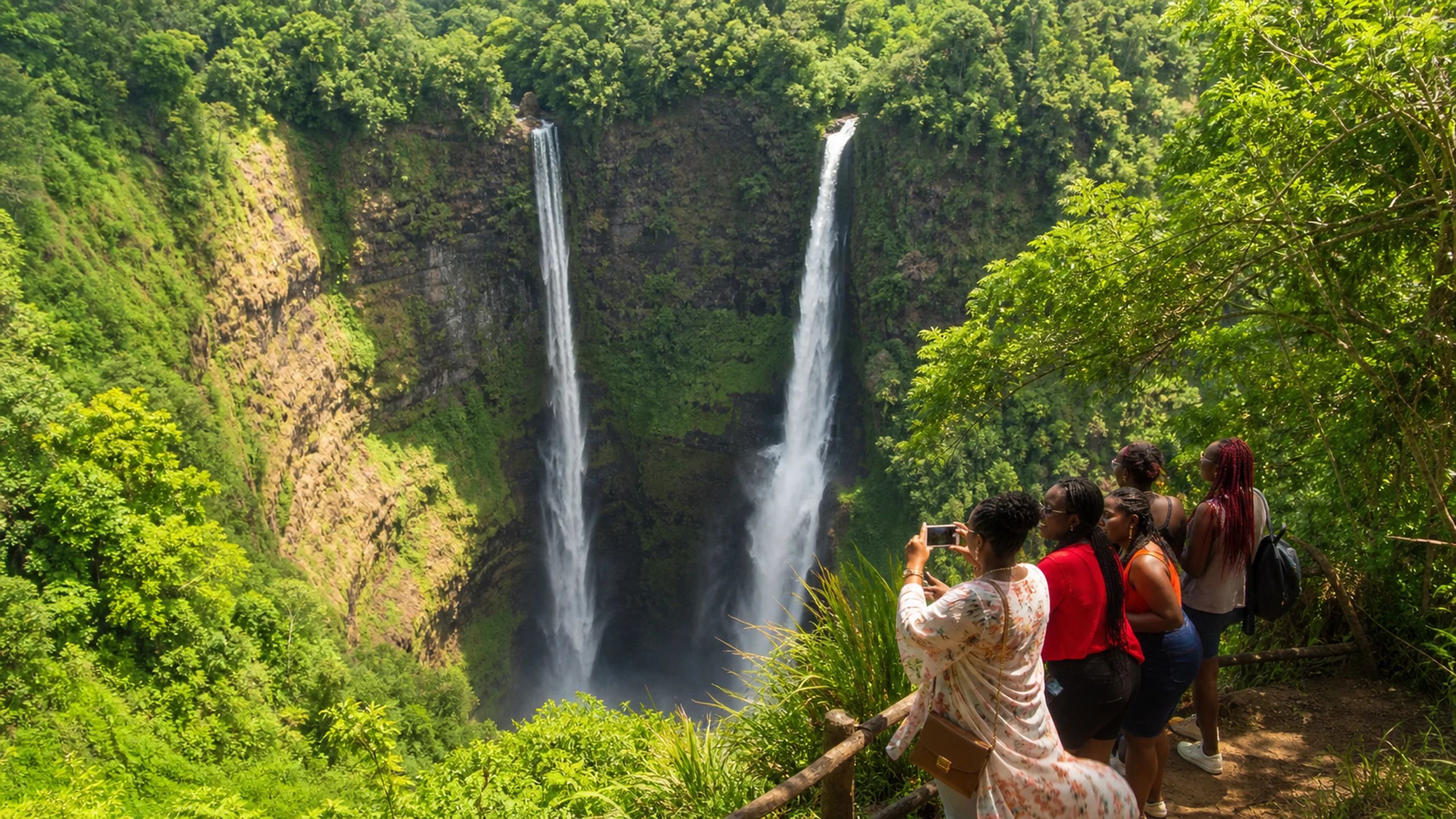 Friends admire the twin Tad Fane waterfalls above a forested gorge on the Bolaven Plateau.