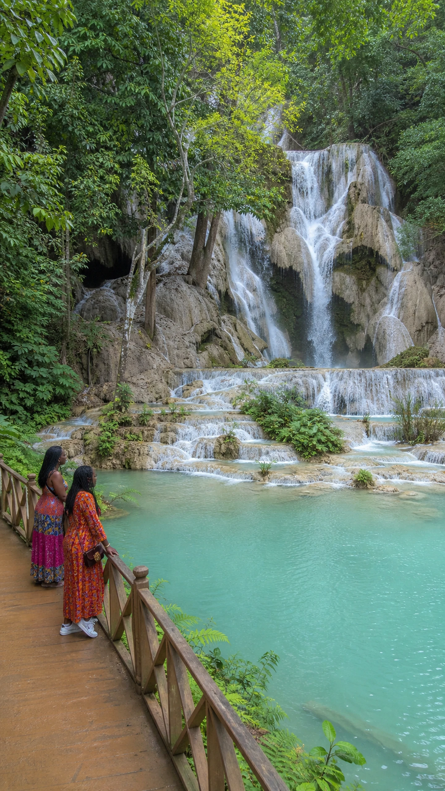 Two travellers pause on a forest walkway beside the turquoise pools and cascades of Kuang Si Falls.