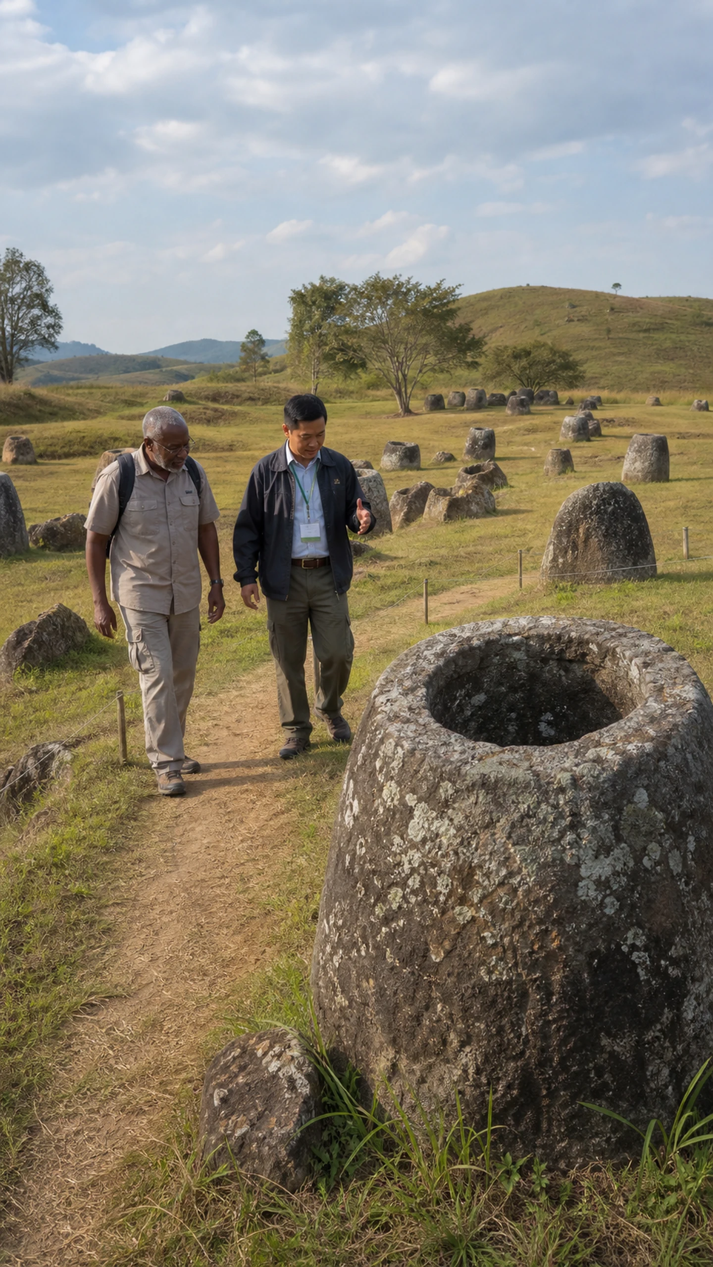 A traveller and local guide follow a marked path among the stone jars at Plain of Jars Site 1.