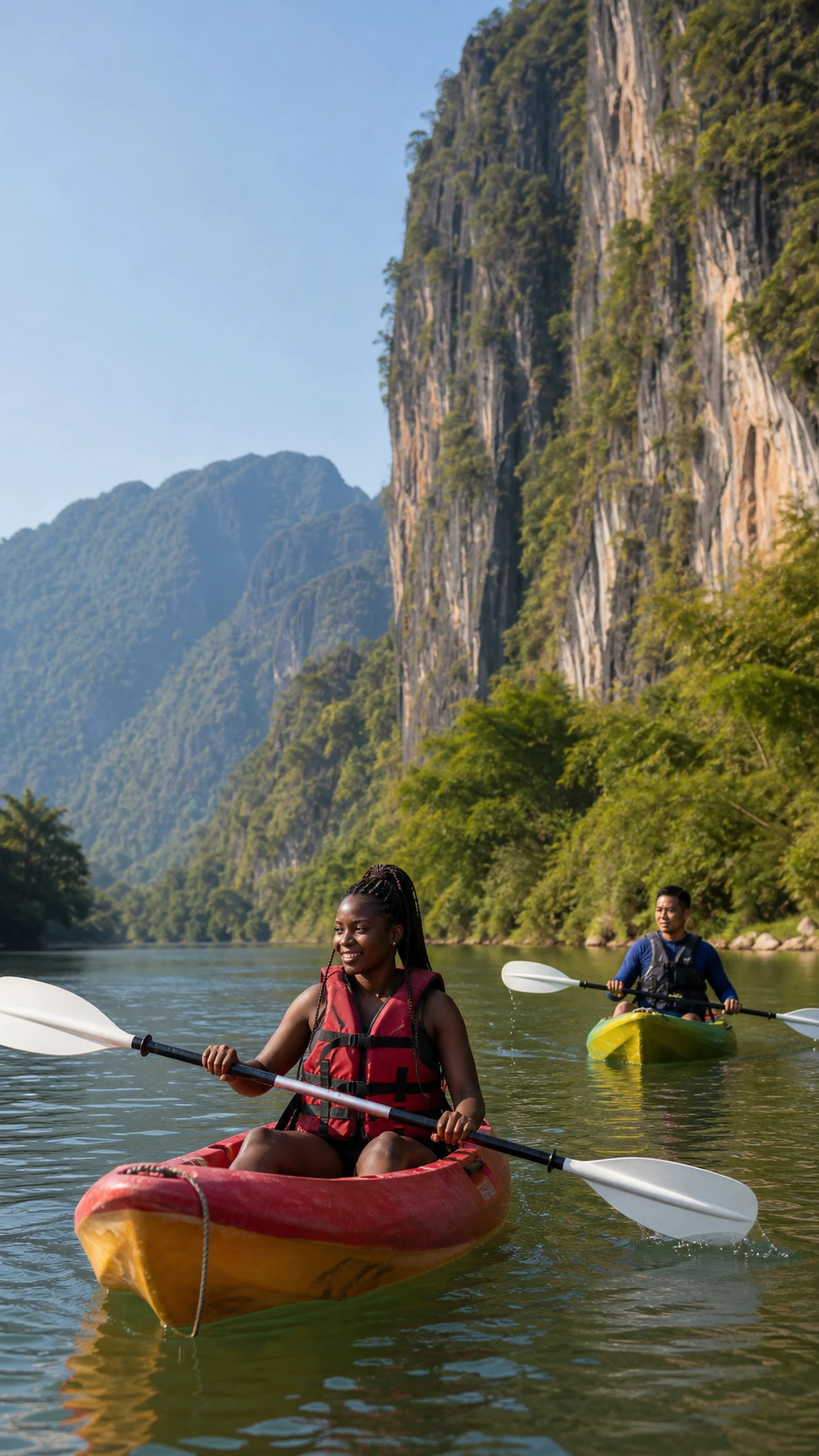 A traveller kayaks beneath limestone cliffs on the Nam Song River near Vang Vieng.