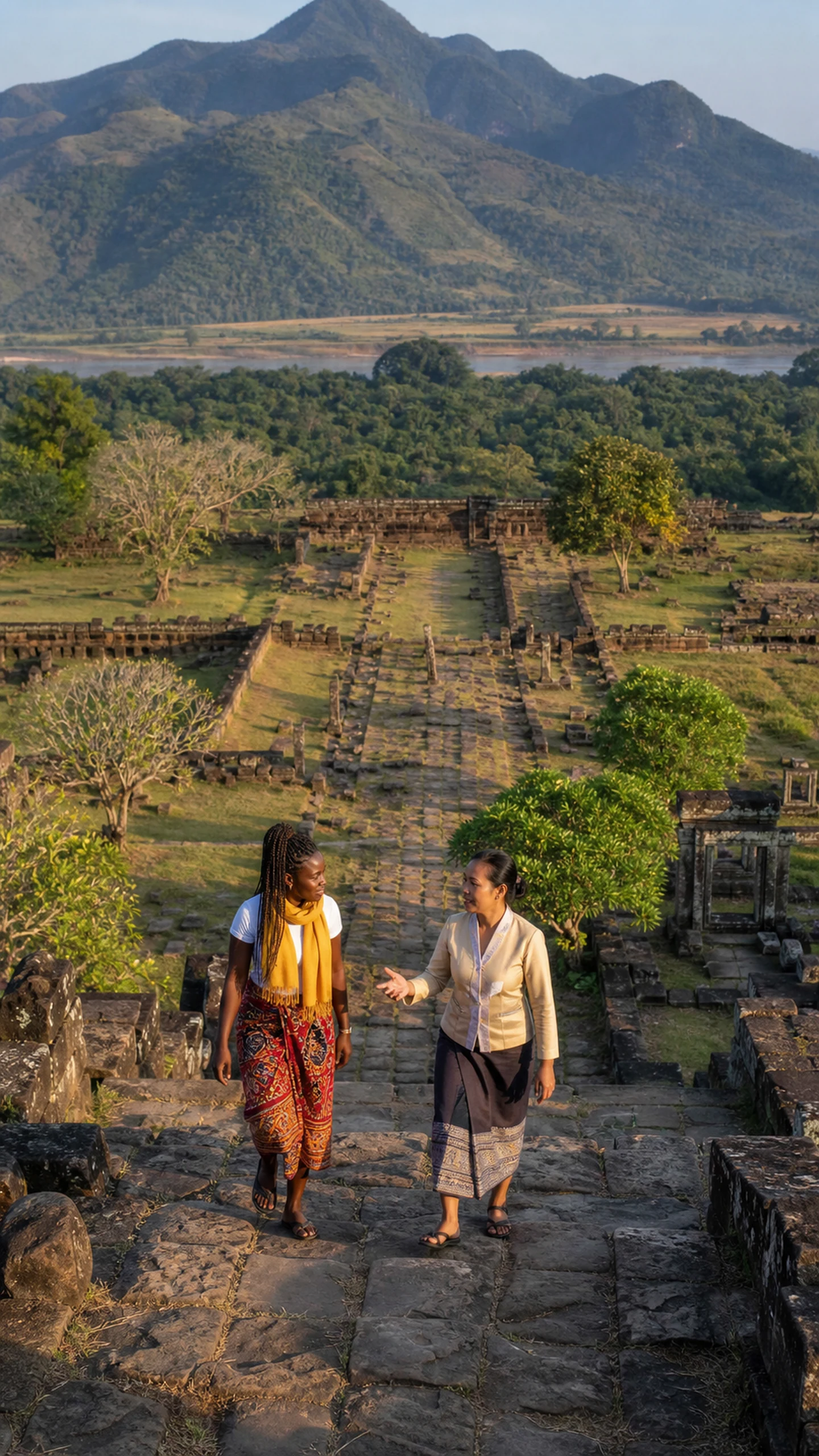 A traveller and local guide walk the ancient stone axis of Vat Phou beneath Phou Kao mountain.