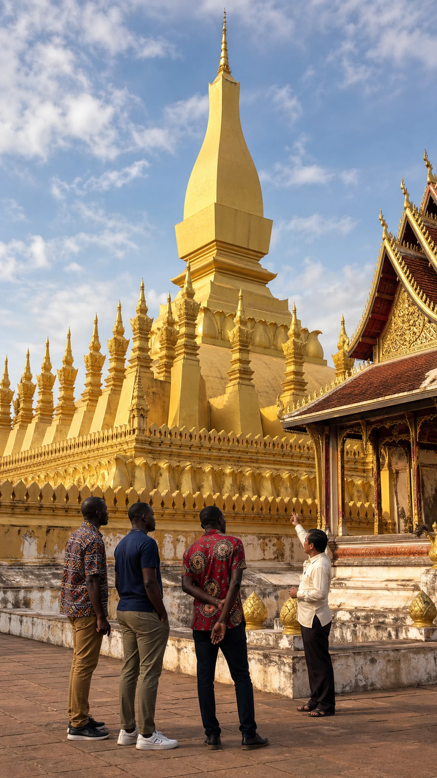 Travellers listen to a local guide beside the golden Pha That Luang stupa in Vientiane.
