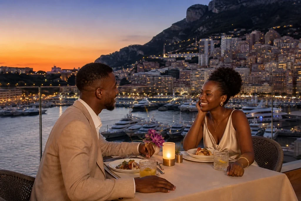 Anniversary couple dining above Port Hercule in Monaco.