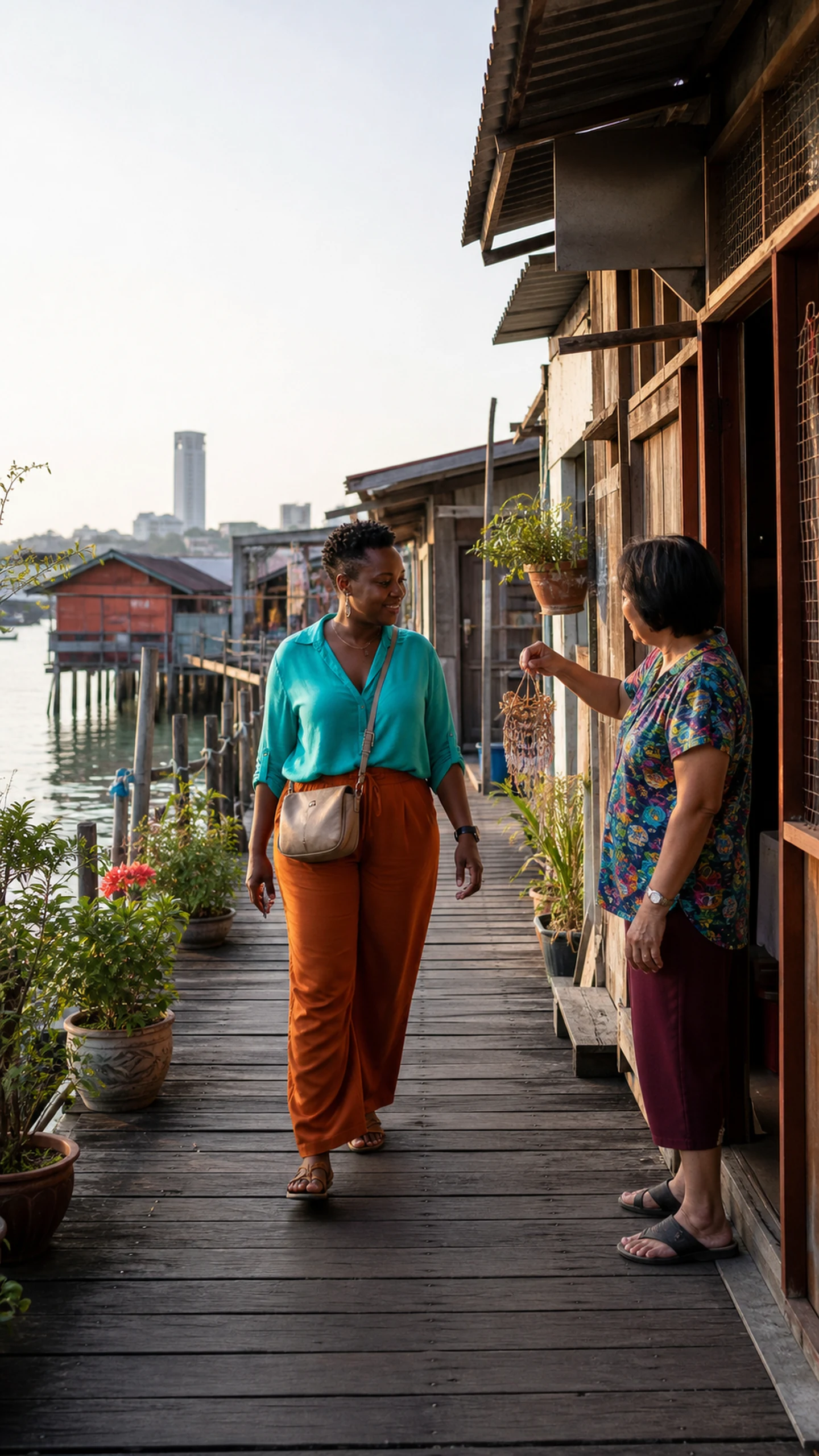 A traveller meets a resident along the timber walkway of the Clan Jetties in George Town.