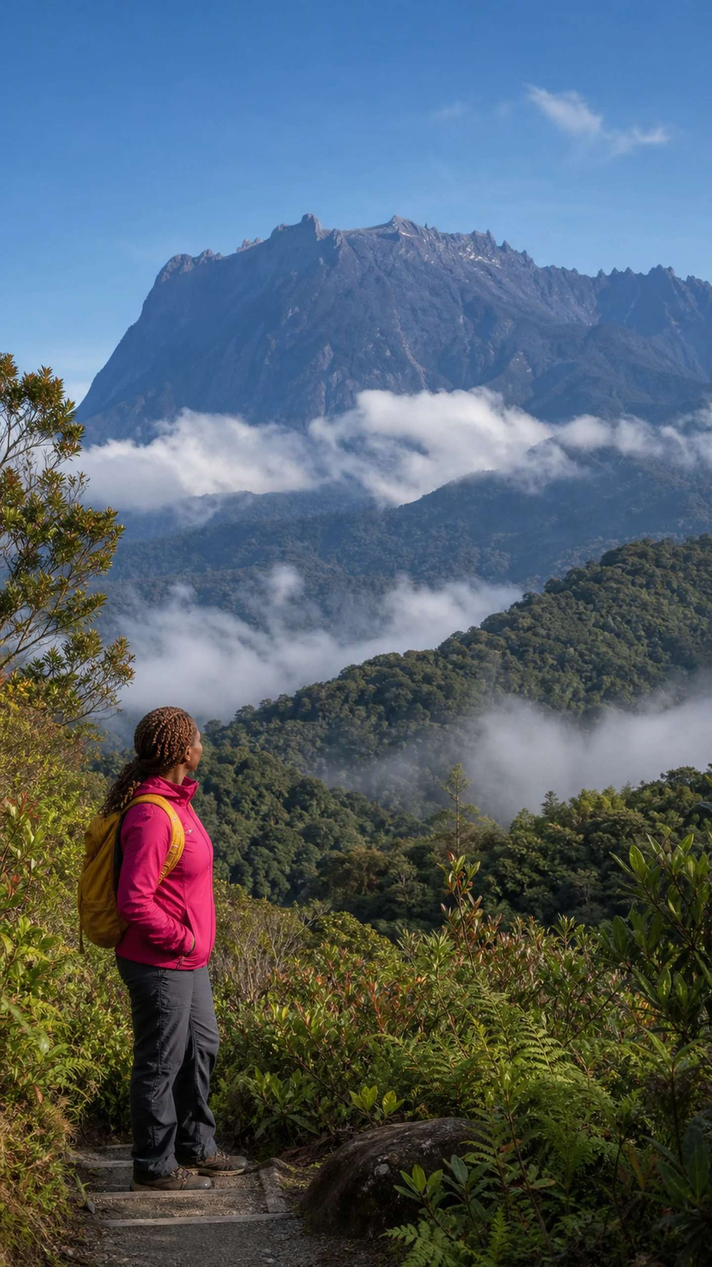 A solo hiker looks toward Mount Kinabalu above the cloud forest in Kinabalu Park.