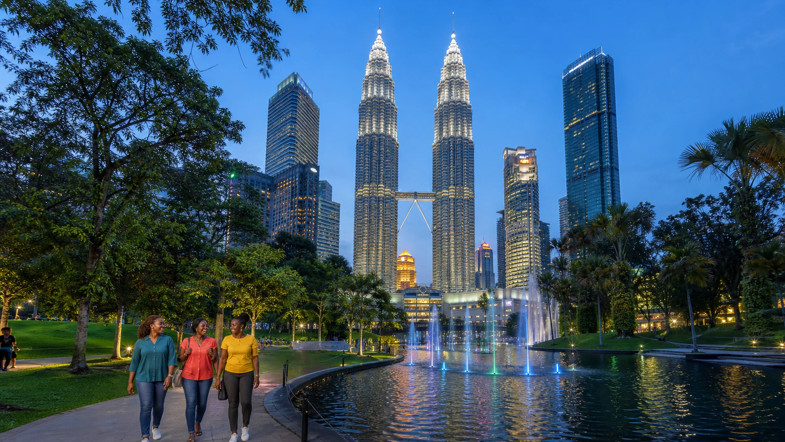 Three friends walk beside the Lake Symphony fountains with the Petronas Twin Towers above KLCC Park at twilight.