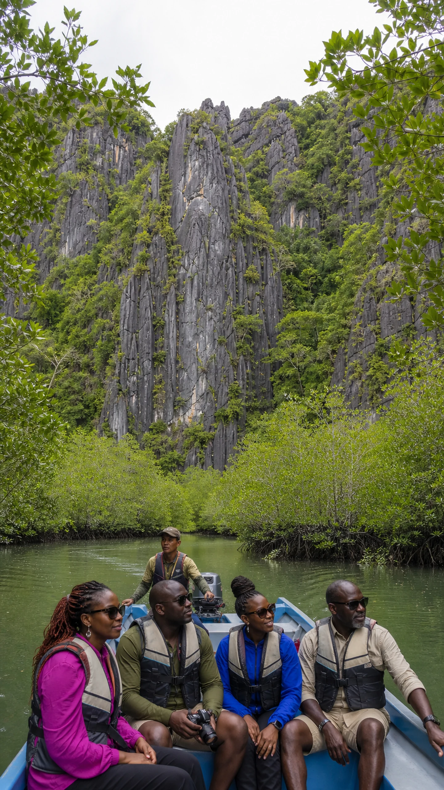 Friends cruise past mangroves and limestone karst cliffs in Kilim Karst Geoforest Park, Langkawi.