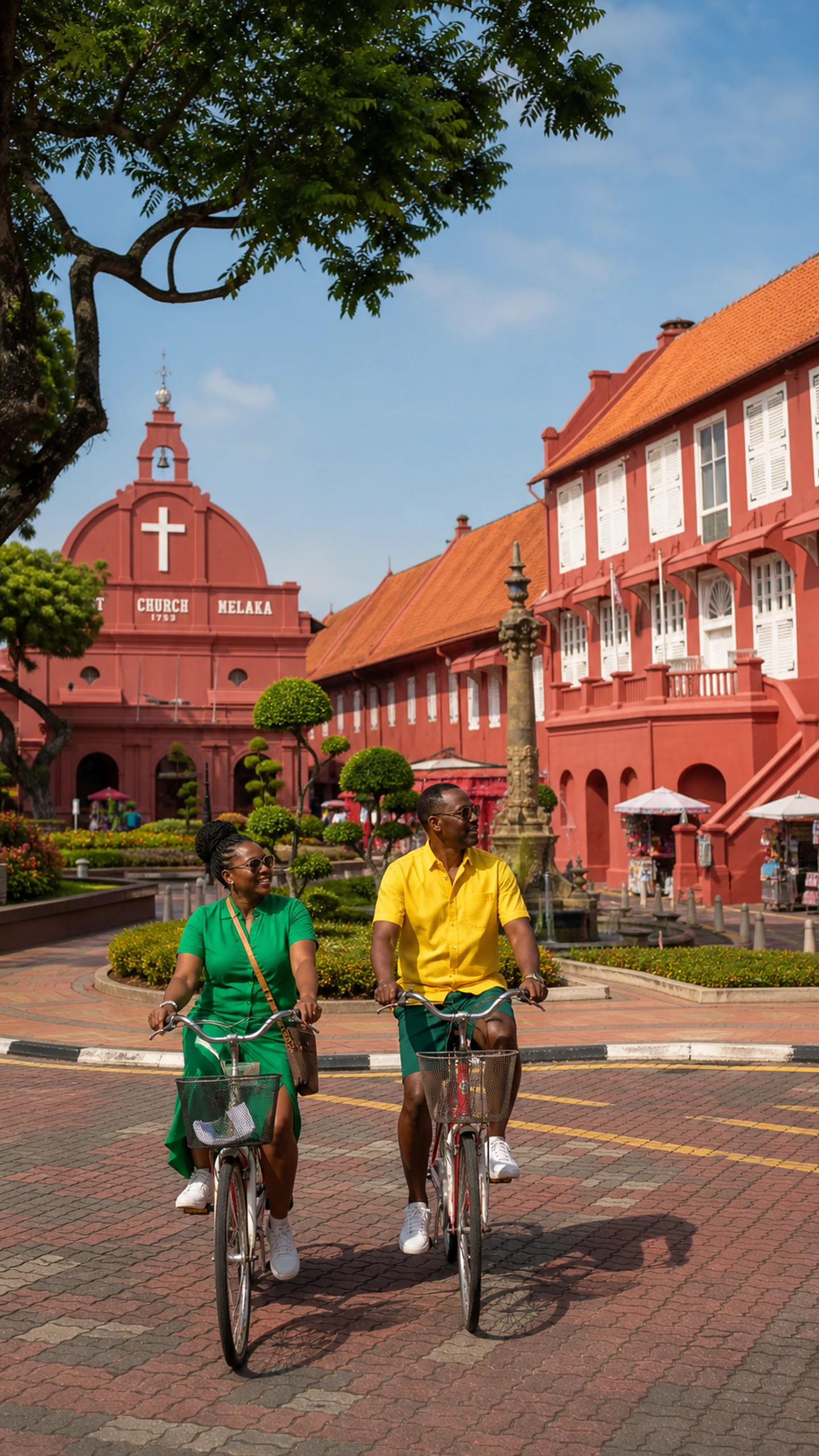Two travellers cycle through Melaka’s Dutch Square beside the Stadthuys and Christ Church.
