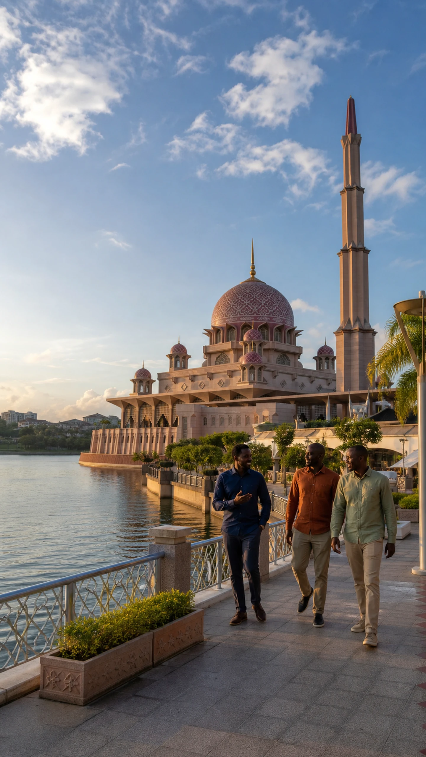 Three friends stroll along Putrajaya Lake with the pink-domed Putra Mosque behind them.