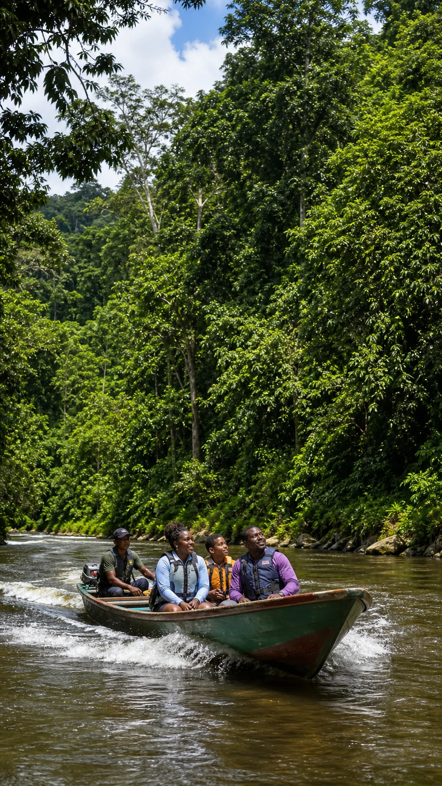 A family rides a longboat with a local guide through the rainforest river at Taman Negara.