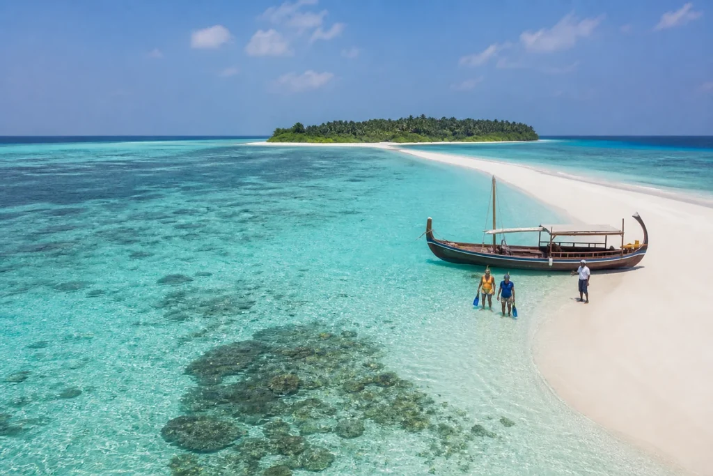 Baa Atoll’s turquoise lagoon, coral reef and white sandbank with a traditional dhoni and snorkellers.