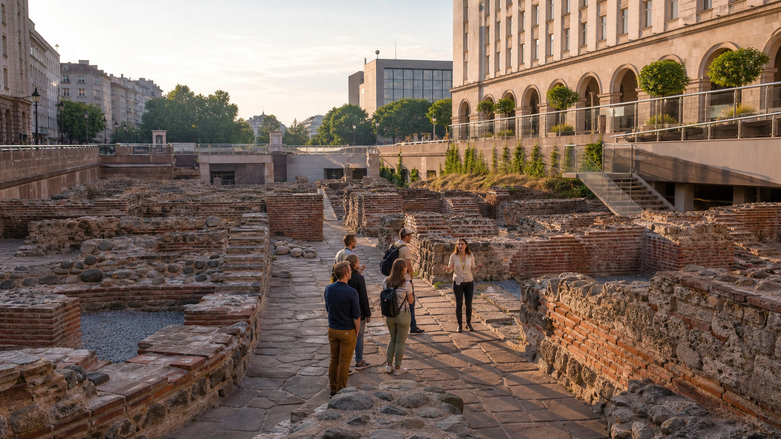 Travellers explore the Archaeological Complex of Ancient Serdica at the Largo in central Sofia.