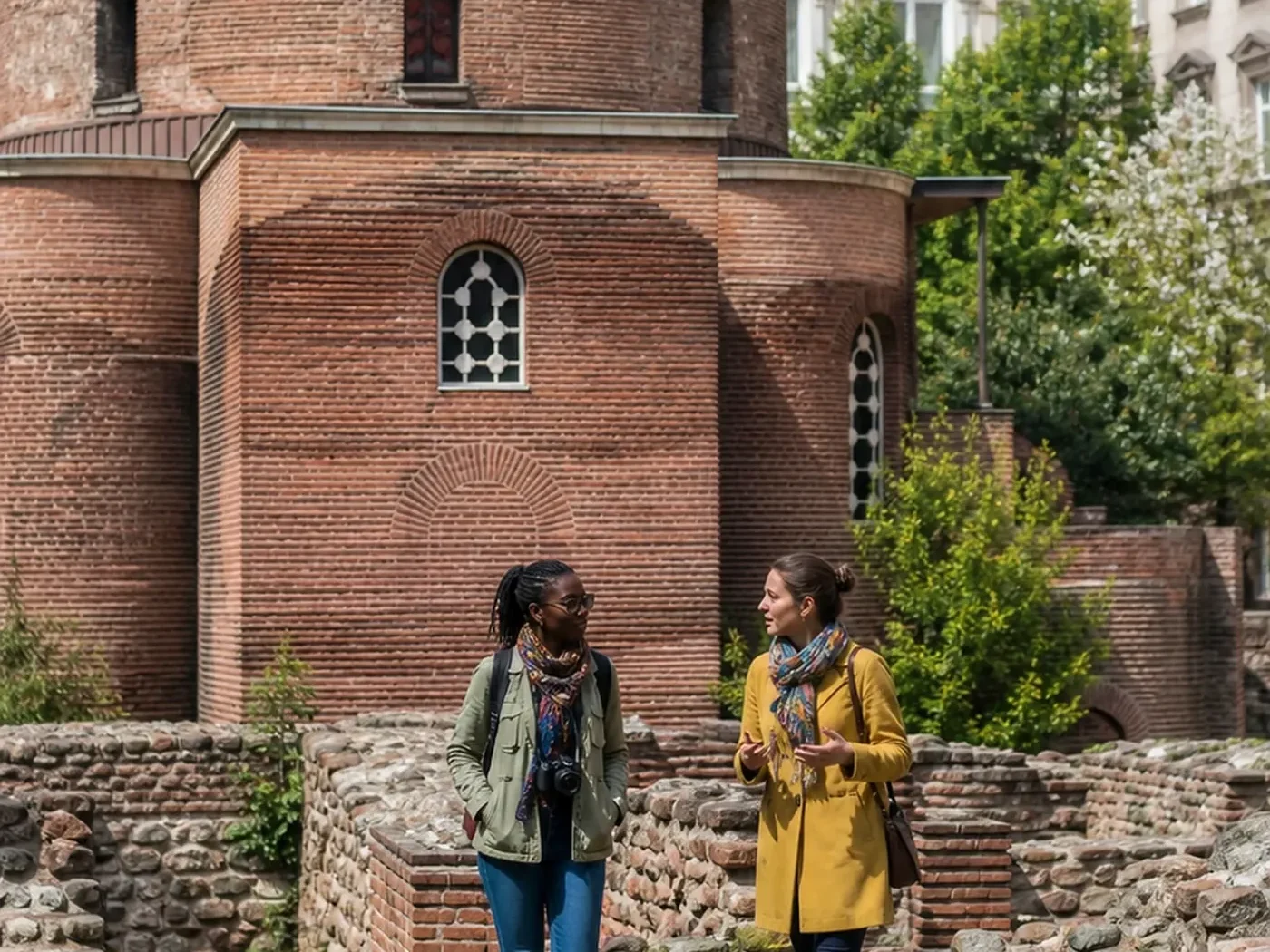 Two travellers walk beside the Rotunda of Saint George and Roman Serdica remains in Sofia.