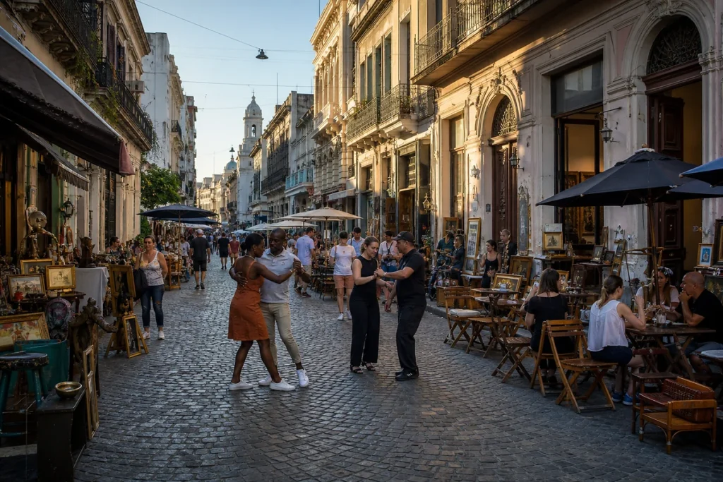Tango dancers among antique stalls and historic buildings along Defensa Street in San Telmo