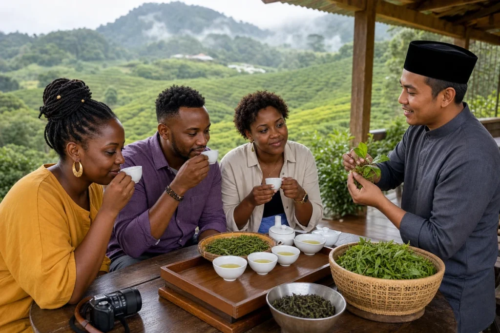 Travellers joining a guided tea experience in Cameron Highlands.