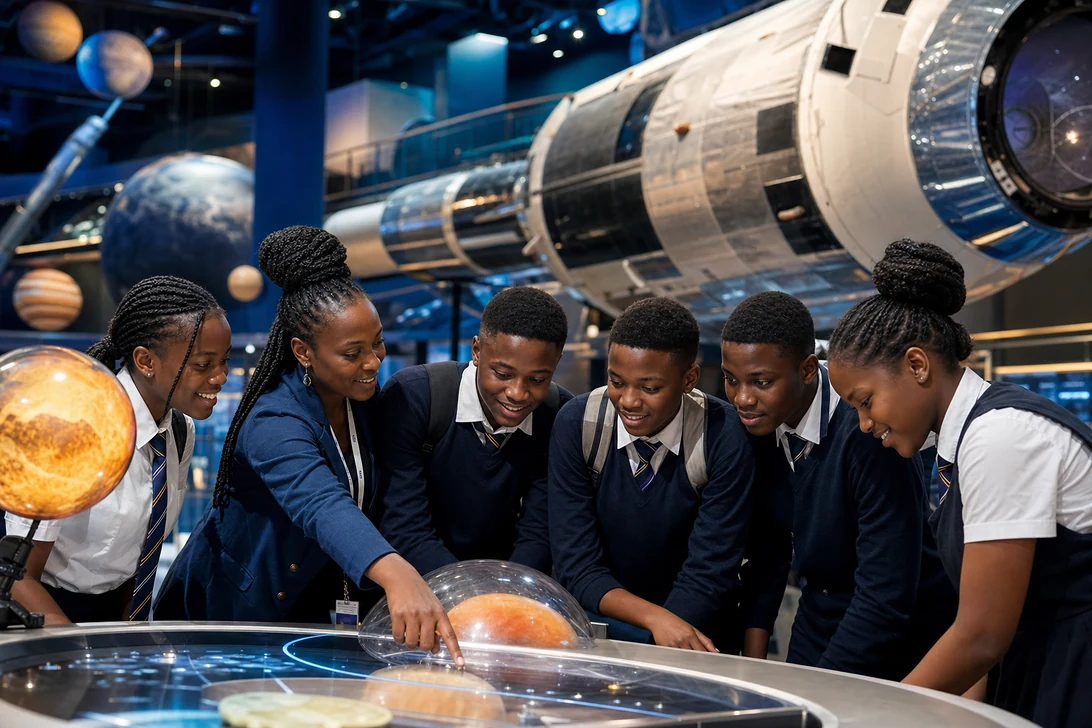 Students and their educator exploring an interactive space museum exhibit