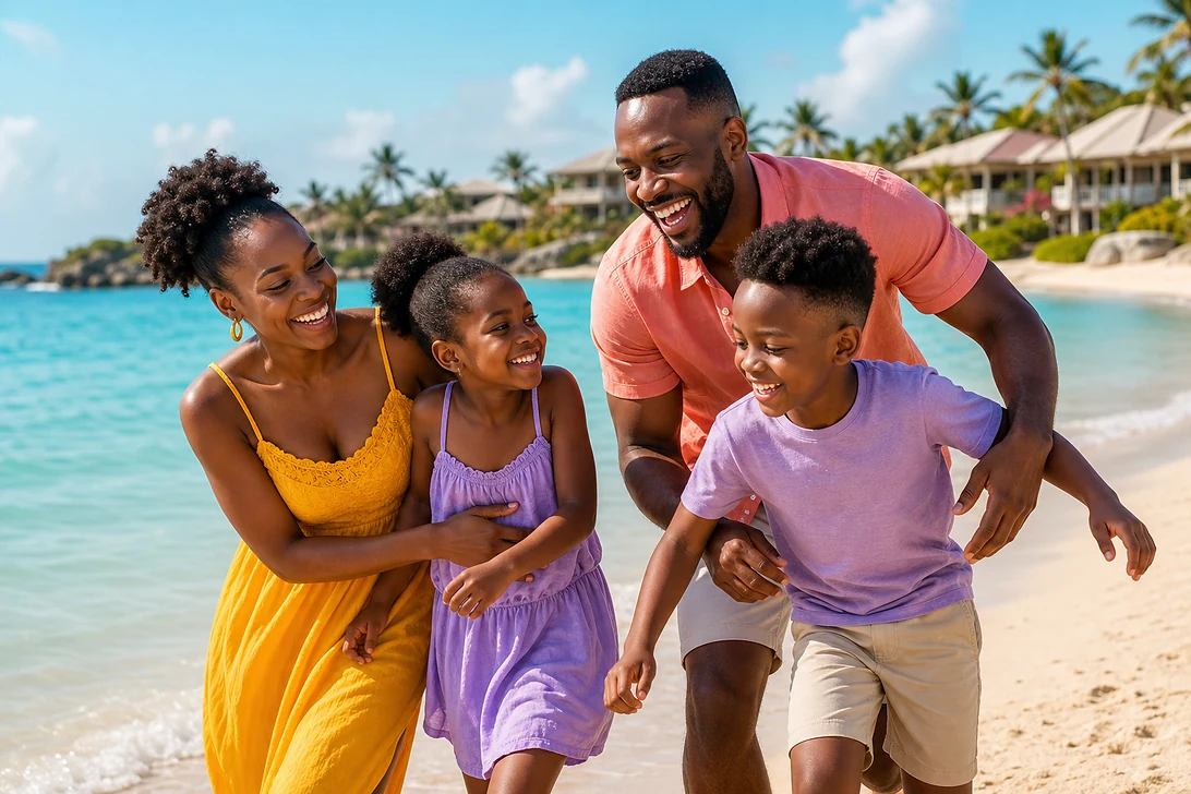 Happy family enjoying a playful beach holiday together beside calm turquoise water