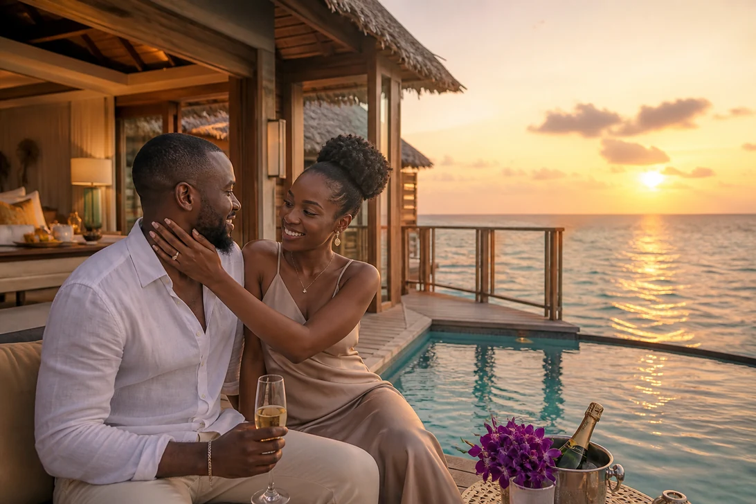 A couple sharing a romantic sunset moment at a private overwater villa