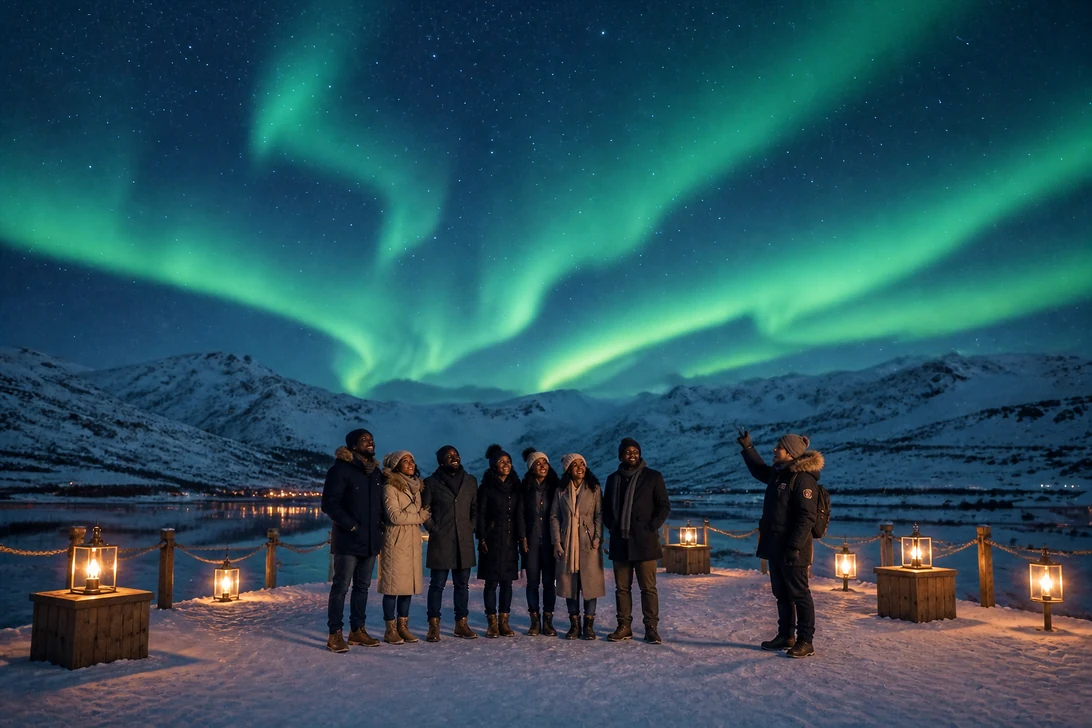Friends viewing the northern lights from a distance with a local destination guide.