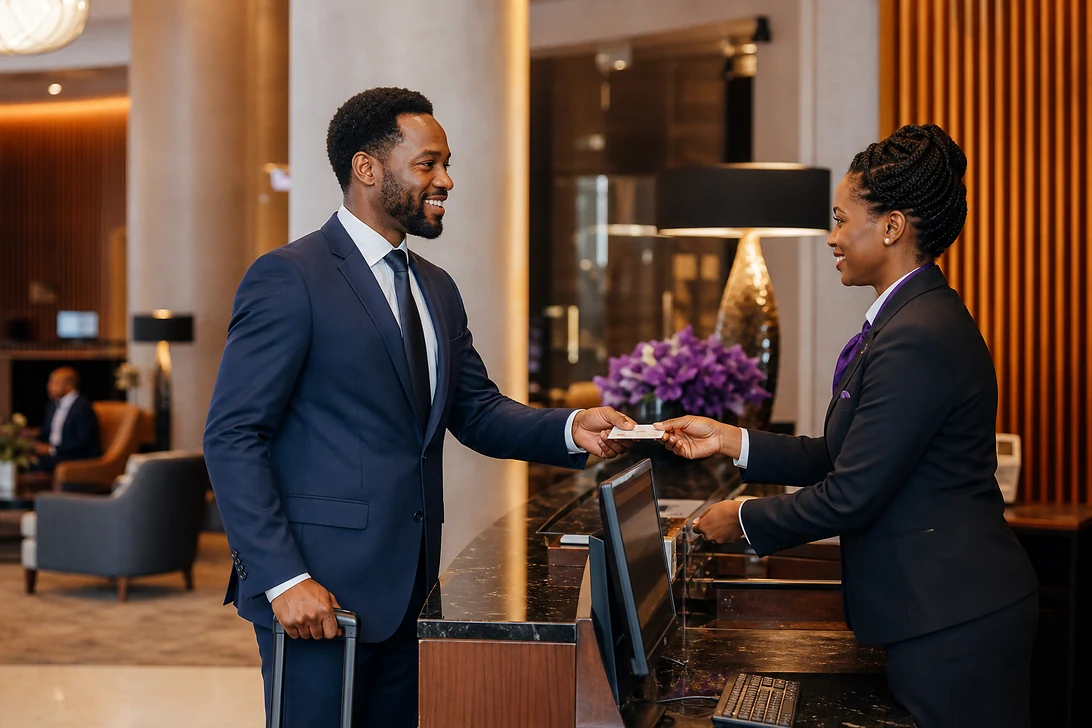 African business traveller receiving professional assistance in an elegant international hotel