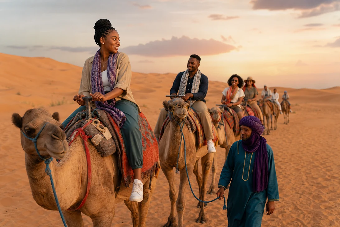 African travellers enjoying an organized camel journey through desert dunes with a local guide