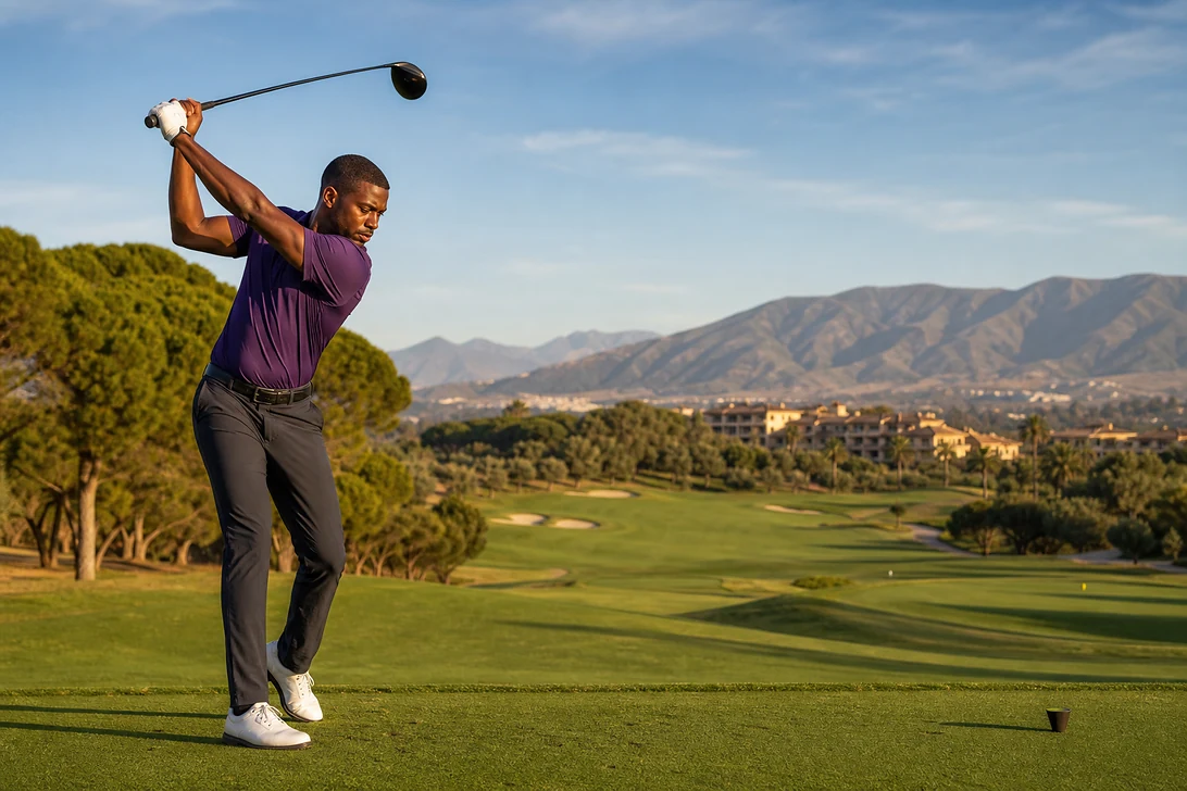 African golfer teeing off on a scenic championship course during a premium golf holiday