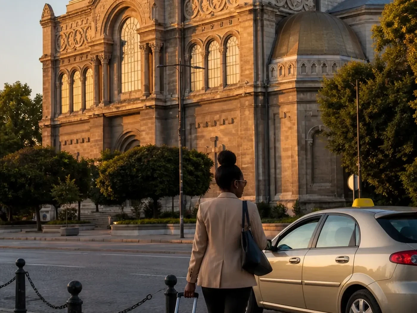 A traveller with luggage approaches Varna’s Dormition of the Mother of God Cathedral in warm morning light.
