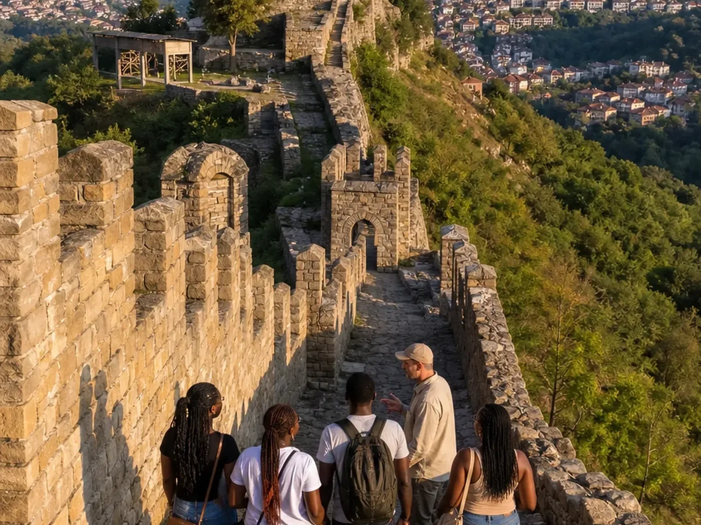 A small group walks along the fortress walls of Tsarevets above Veliko Tarnovo.