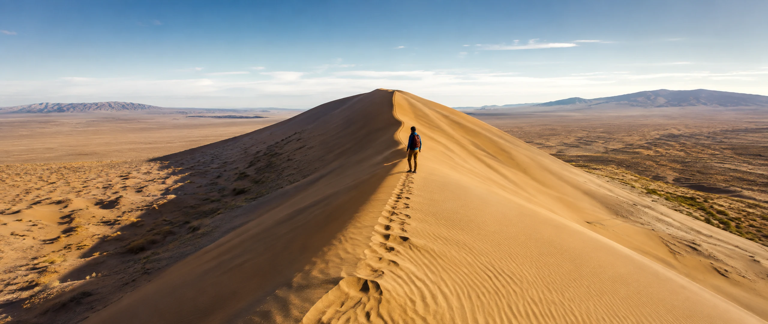A solo traveller hiking the Singing Dune in Altyn-Emel National Park
