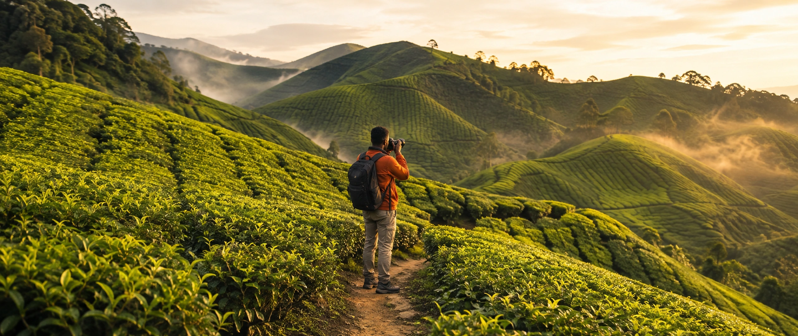 Traveller photographing the rolling tea terraces at Sungai Palas in the Cameron Highlands
