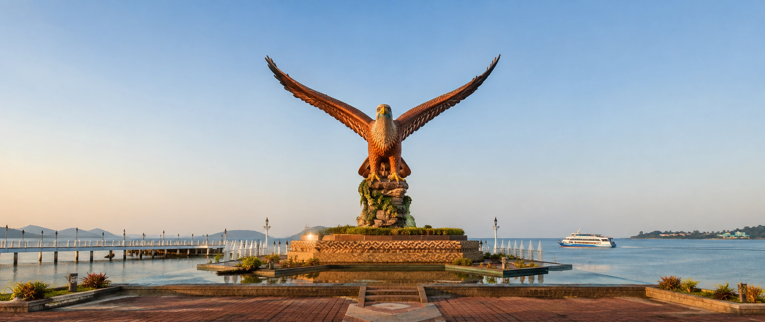 Red-brown eagle monument overlooking the waterfront at Dataran Lang in Langkawi