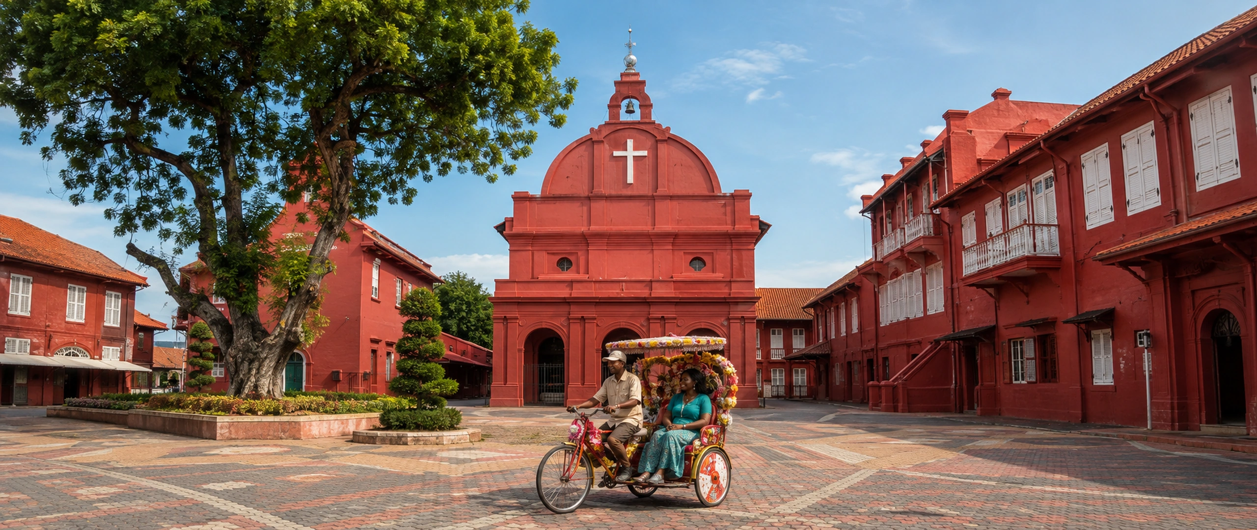 [malaysia-melaka-christ-church-trishaw-ride.webp](C:\\Users\\IMA\\Documents\\Codex\\Holiday Factory-Travel Business\\Website\\Assets\\Country CPT Images\\Malaysia\\malaysia-melaka-christ-church-trishaw-ride.webp)Decorated trishaw passing Christ Church in Melaka’s Dutch Square
