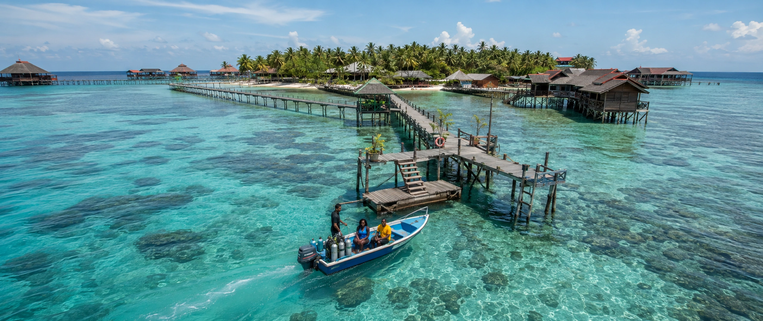 Dive boat crossing the clear lagoon beside overwater chalets on Mabul Island, Sabah