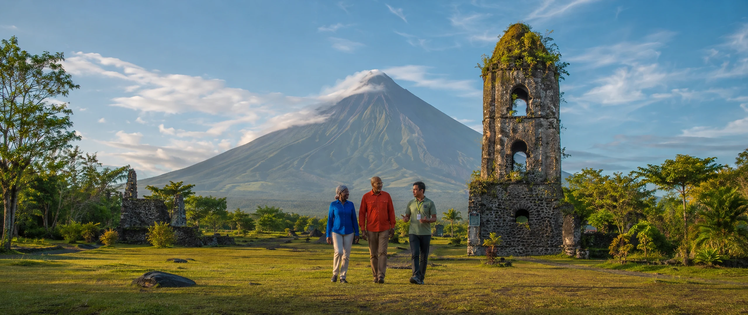 Mayon Volcano rises behind the Cagsawa Ruins during a guided visit in Albay
