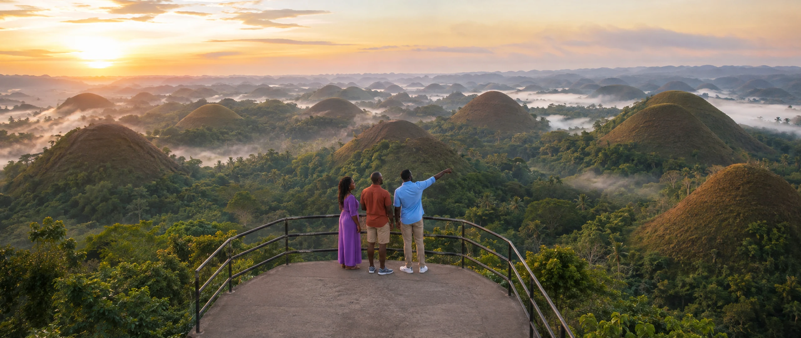 Travellers overlook the Chocolate Hills of Bohol at misty sunrise